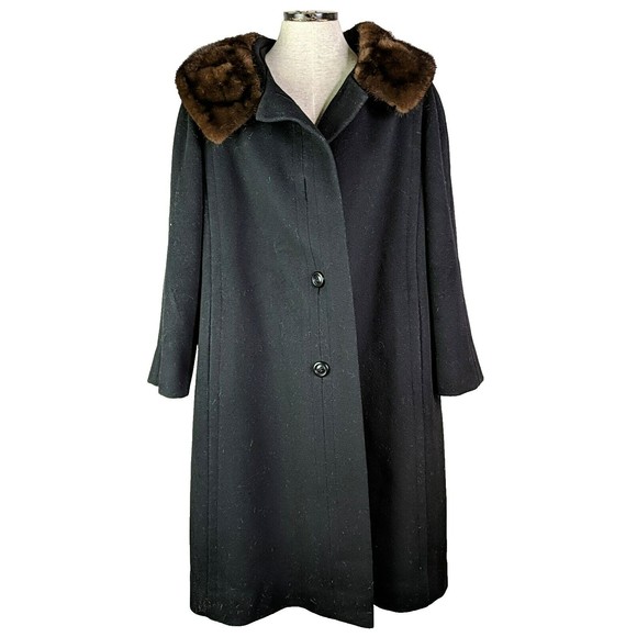 Auckie Sanft Black Pure Virgin Wool Coat Fur Collar Montreal Vintage Overcoat M - Picture 2 of 10
